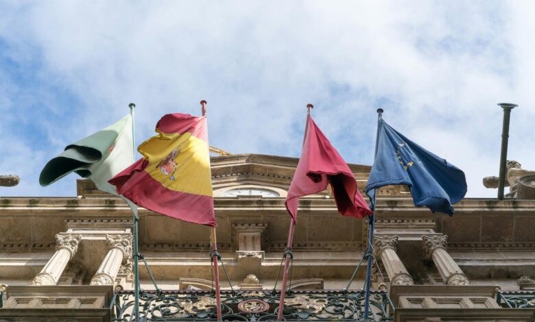 flags waving on old ornate city building on fine day